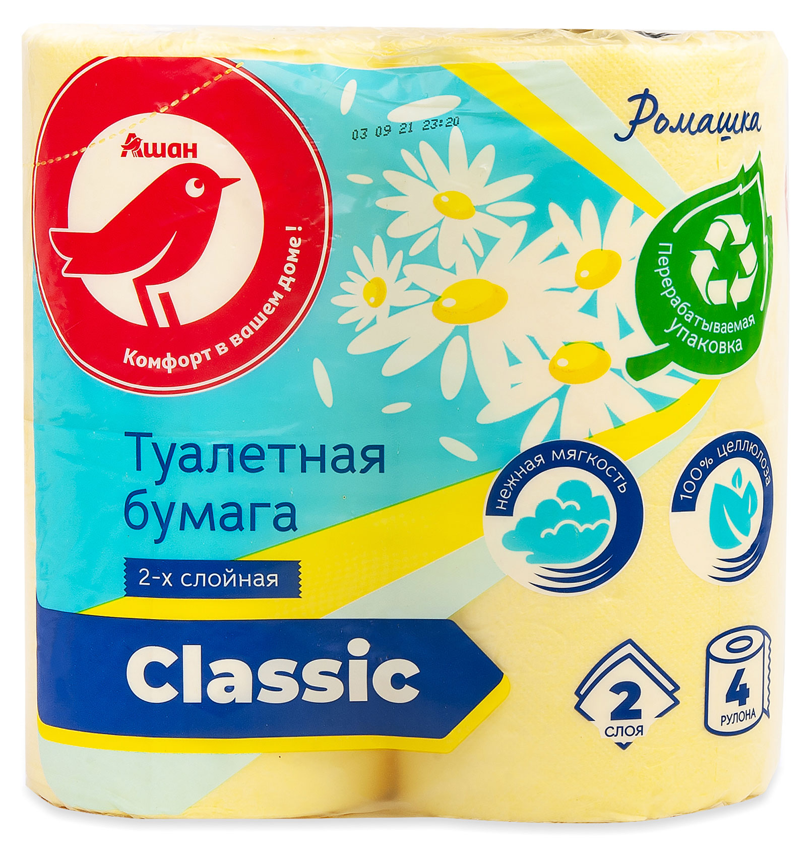 

Туалетная бумага АШАН Красная птица Ромашка, 2 слоя 4 рулона