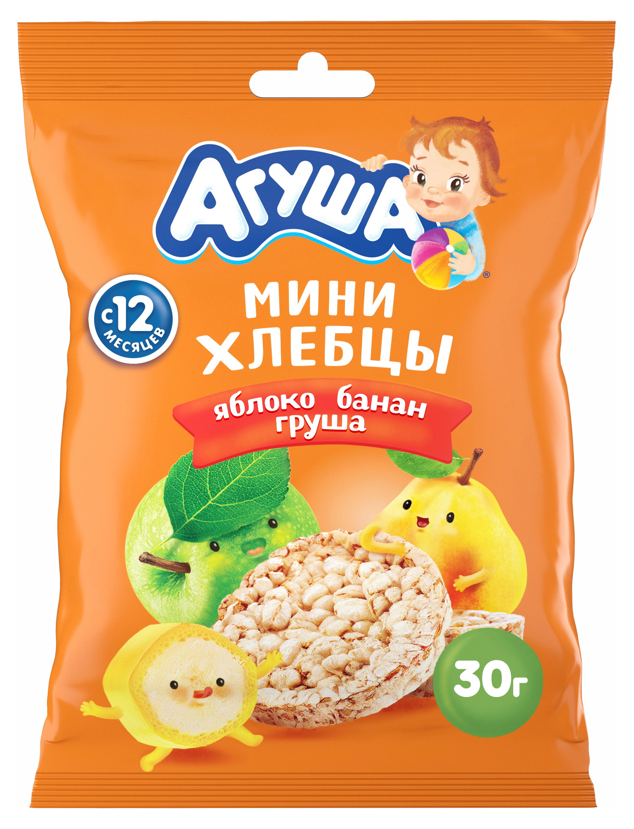 

Хлебцы Агуша Полезный перекус мультизлаковые яблоко банан груша с 12 мес., 30 г