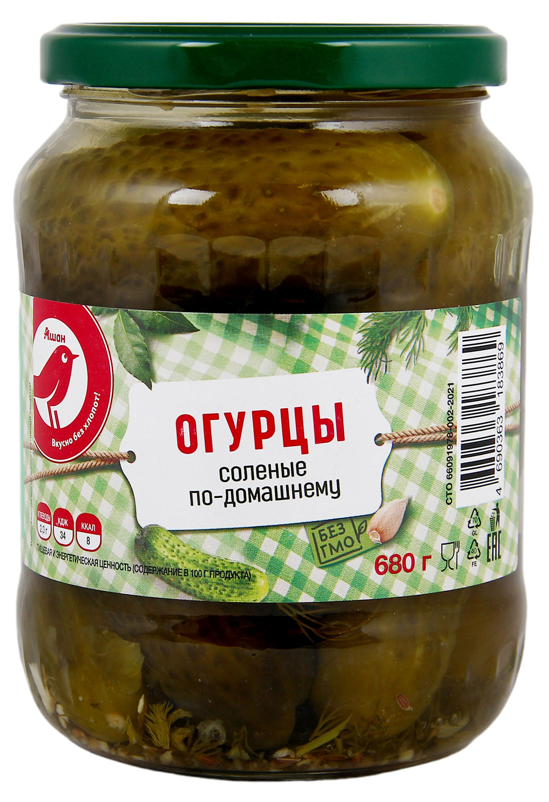 Изображение товара Огурцы соленые АШАН Красная птица По-домашнему, 680 г