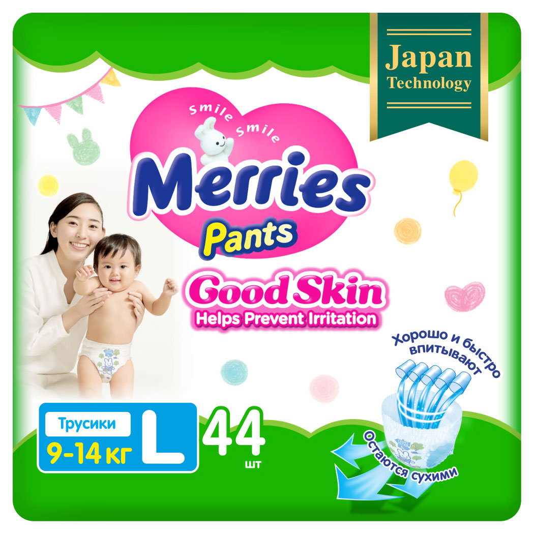 

Трусики-подгузники Merries Good Skin L / 4 (9-14кг), 44 шт