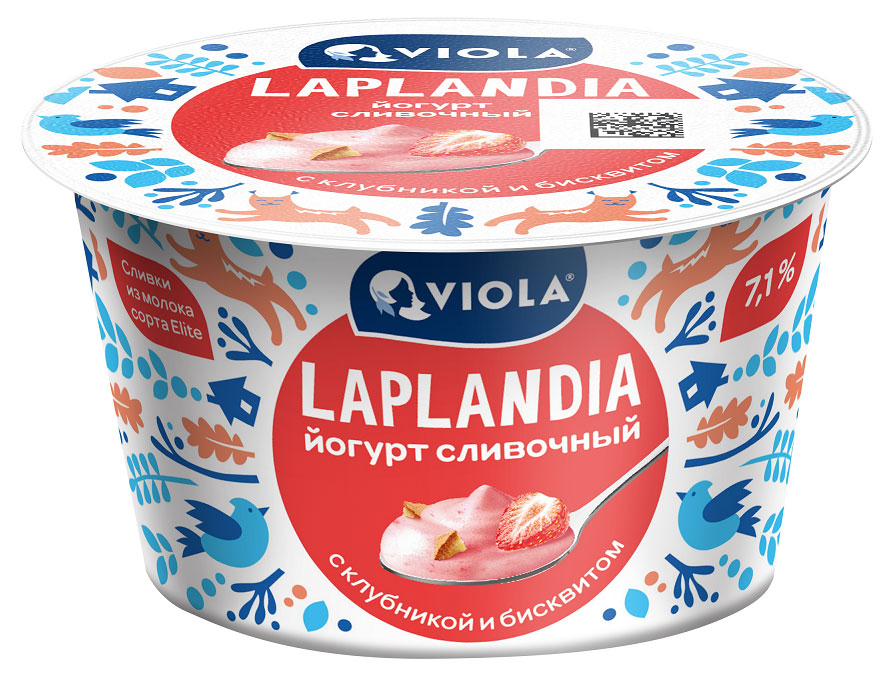 Изображение товара Йогурт сливочный с клубникой и бисквитом микс Viola Laplandia 7,1% БЗМЖ, 180 г