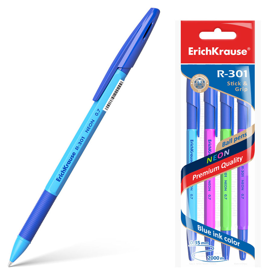 

Набор шариковых ручек ErichKrause R301 Neon синий, 4 шт