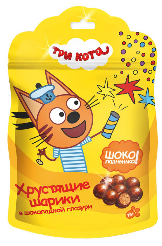 Изображение товара Шарики хрустящие Три кота в шоколадной глазури 75 г вкусное сладкое лакомство