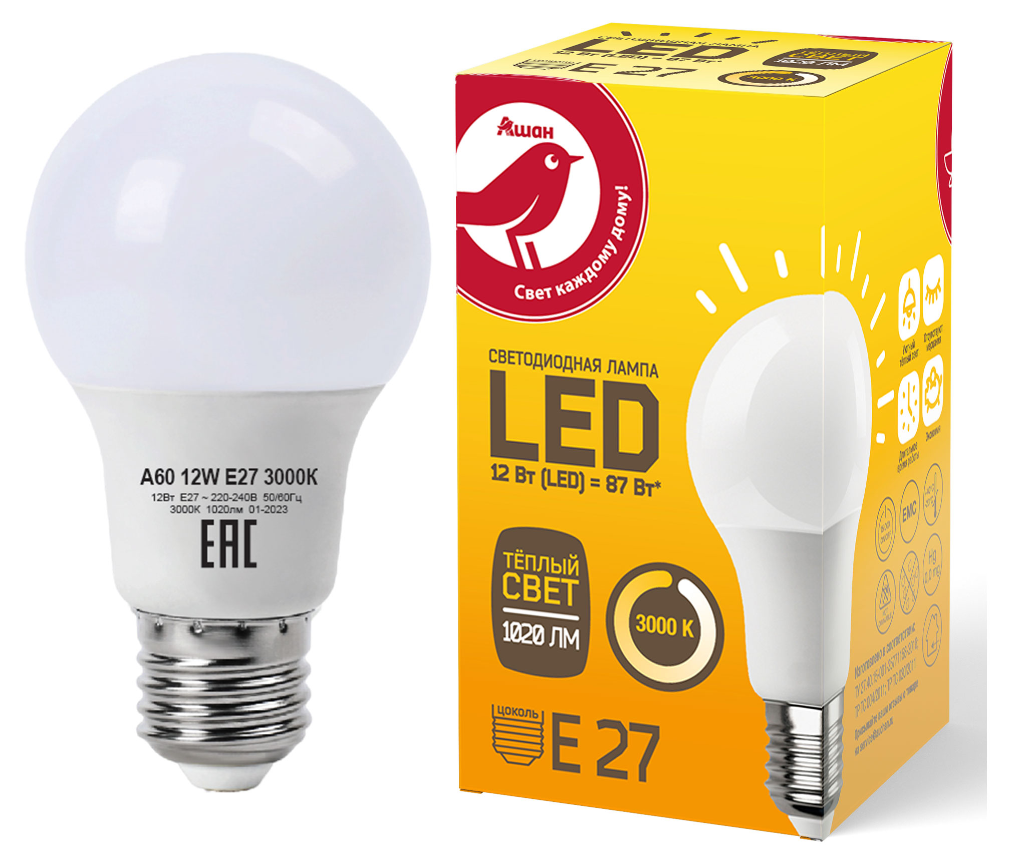 

Лампа АШАН Красная птица светодиодная LED груша теплый свет, 12W Е27