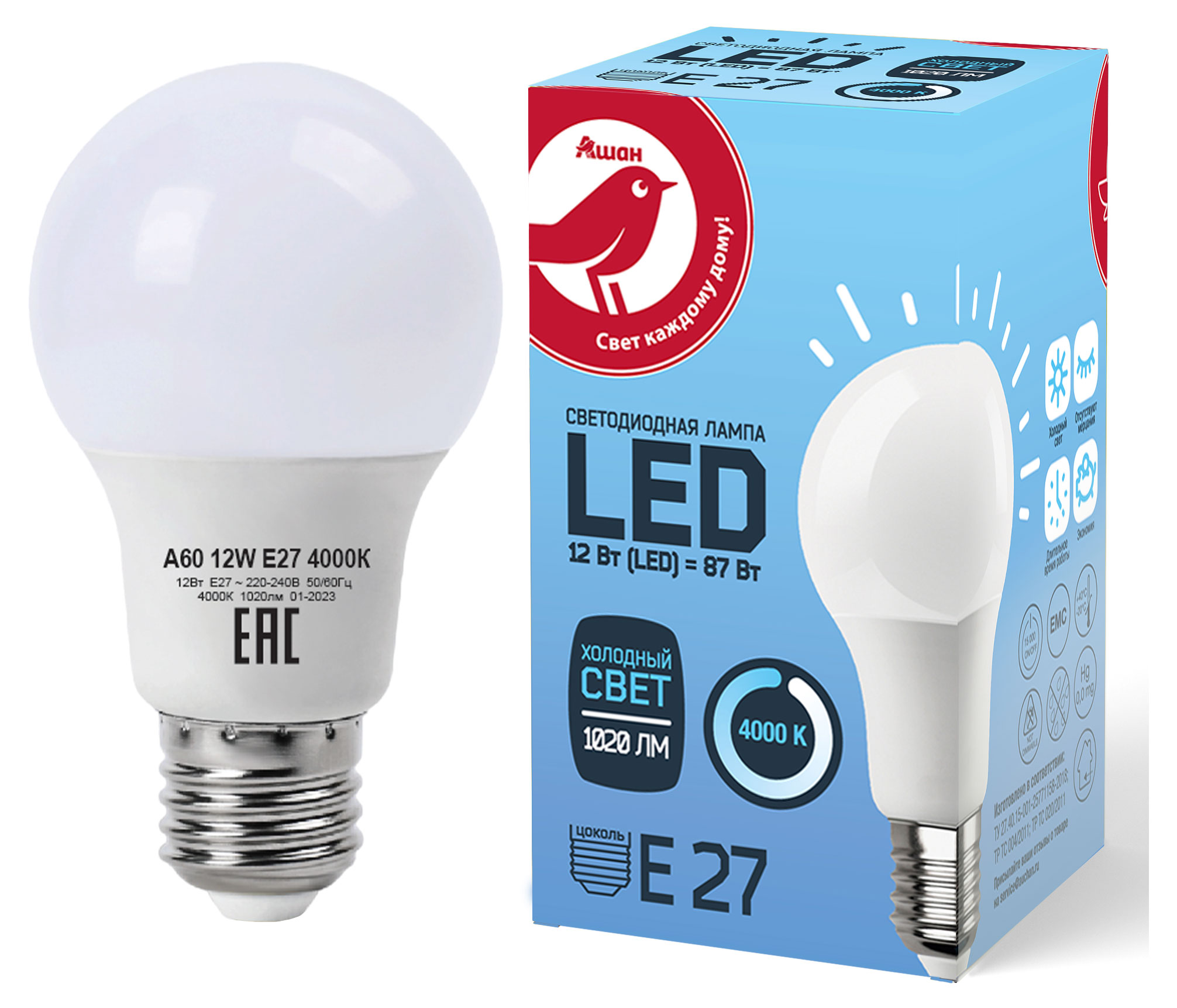 

Лампа АШАН Красная птица светодиодная LED груша холодный свет, 12W Е27