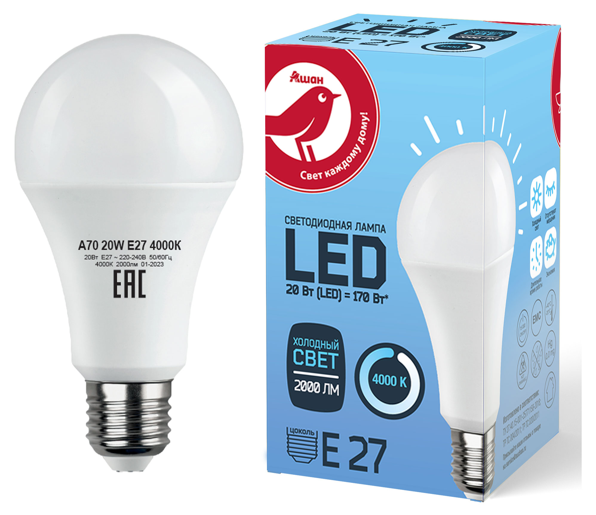 

Лампа АШАН Красная птица светодиодная LED груша холодный свет, 20W Е27
