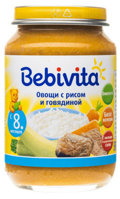 

Пюре Bebivita Овощи с рисом и говядиной с 8 мес., 190 г