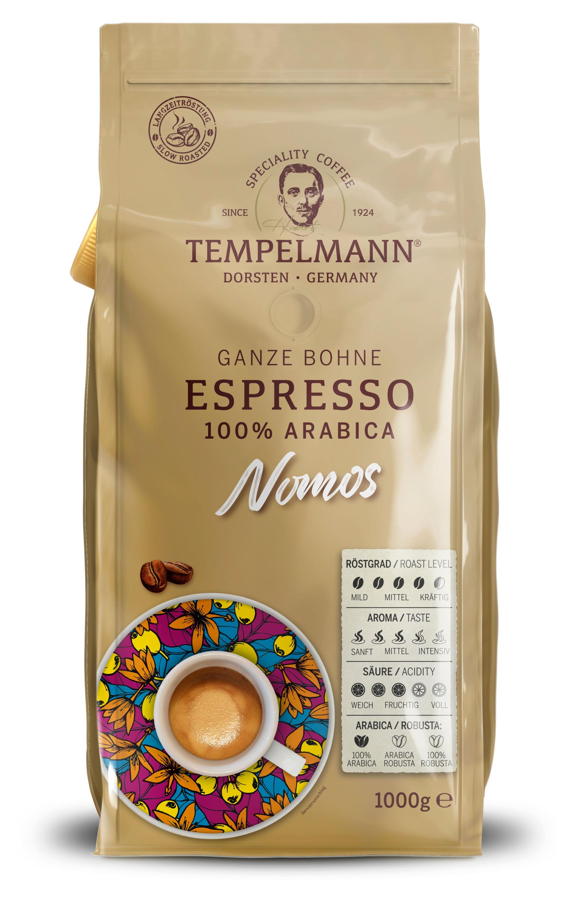 Изображение товара Кофе зерновой Tempelmann Nomos Espresso, 1 кг — 100% арабика, средняя обжарка
