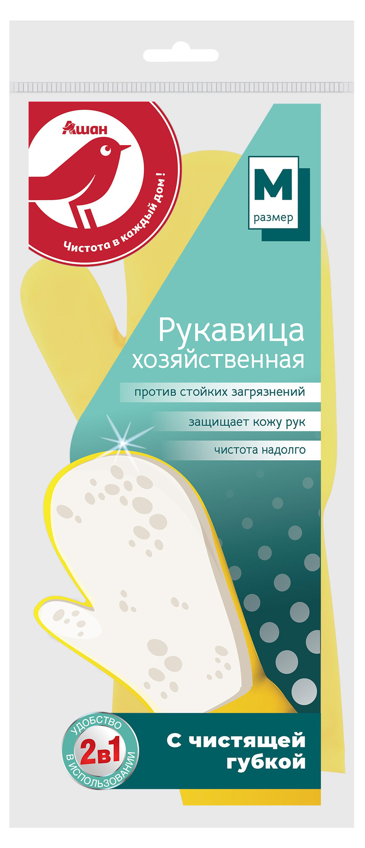 

Рукавица бытовая АШАН Красная птица с губкой М, 1 шт