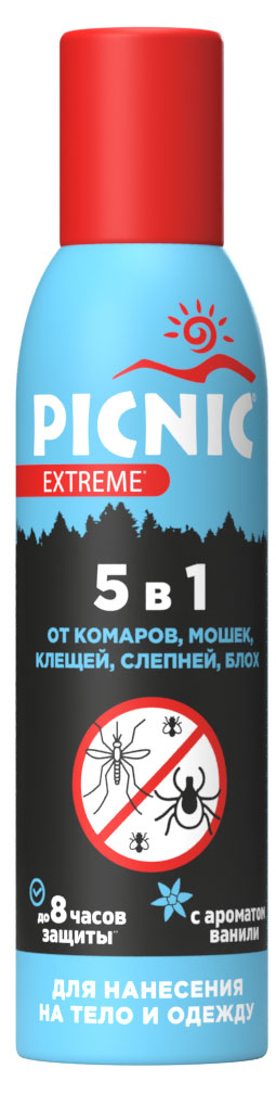 

Аэрозоль от комаров мошек клещей слепней блох Picnic Extreme 5 в 1, 150 мл