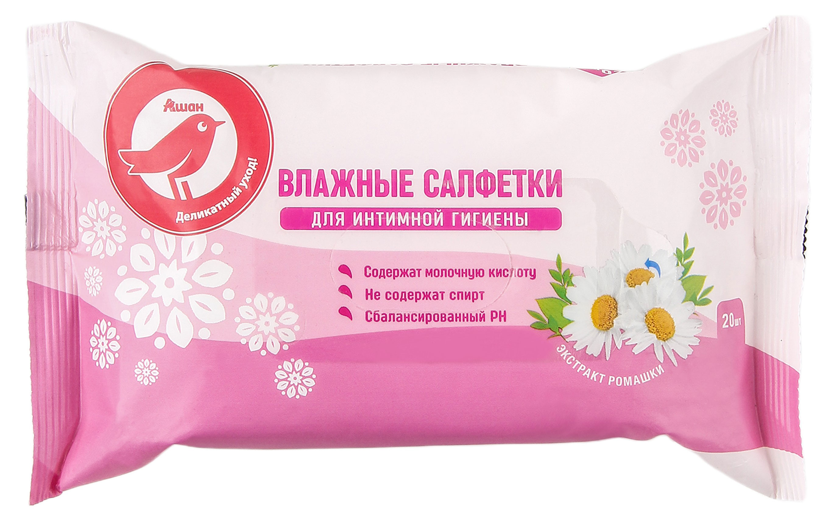 

Салфетки влажные АШАН Красная птица для интимной гигиены с ромашкой, 20 шт