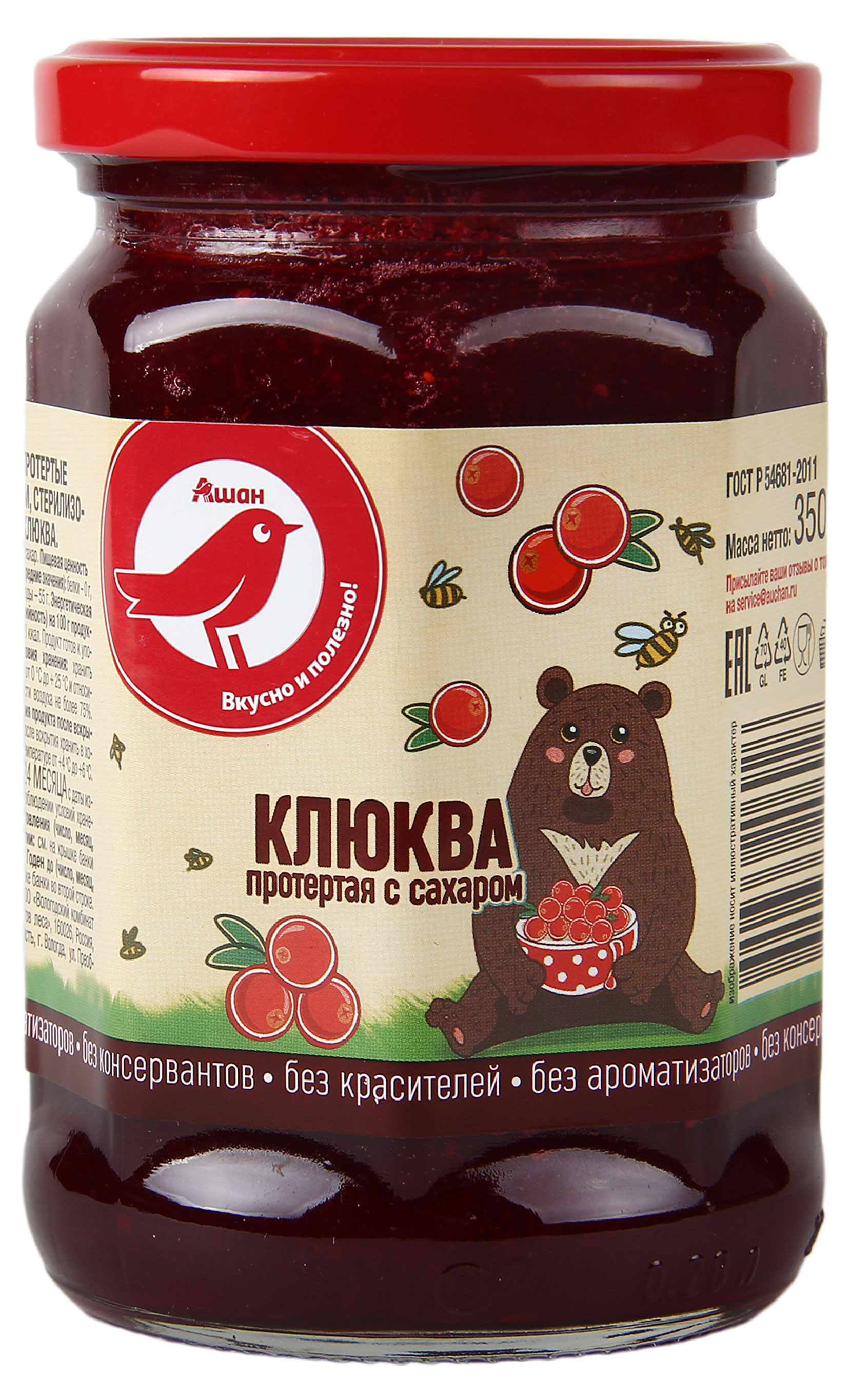 

Протертая клюква АШАН Красная птица с сахаром, 350 г