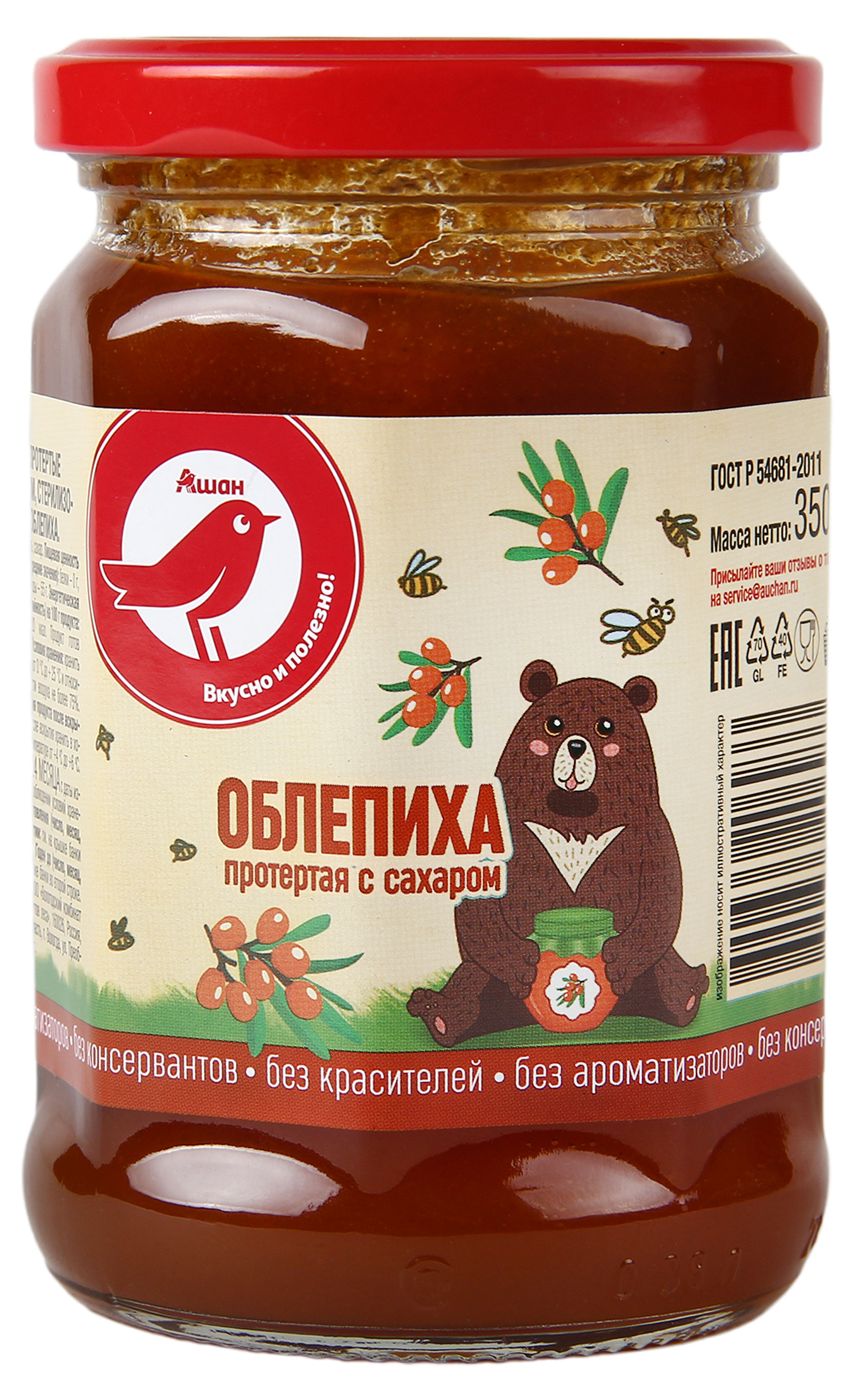 

Протертая облепиха АШАН Красная птица с сахаром, 350 г