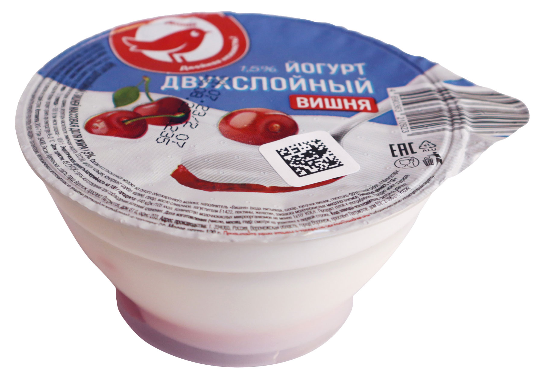 

Йогурт ложковый АШАН Красная птица двухслойный с вишней 1,5% БЗМЖ, 120 г