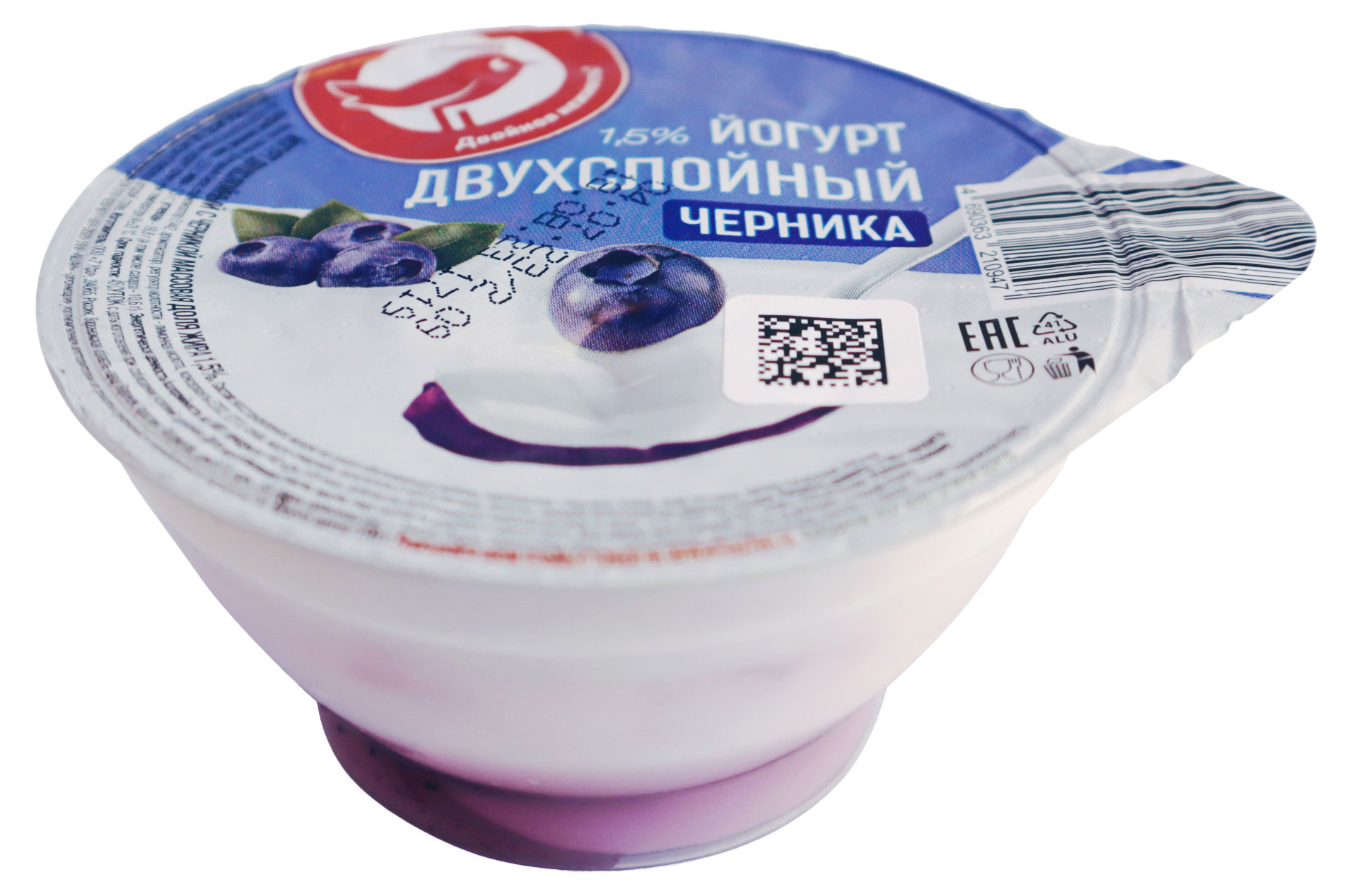

Йогурт АШАН Красная птица двухслойный с черникой 1,5% БЗМЖ, 120 г