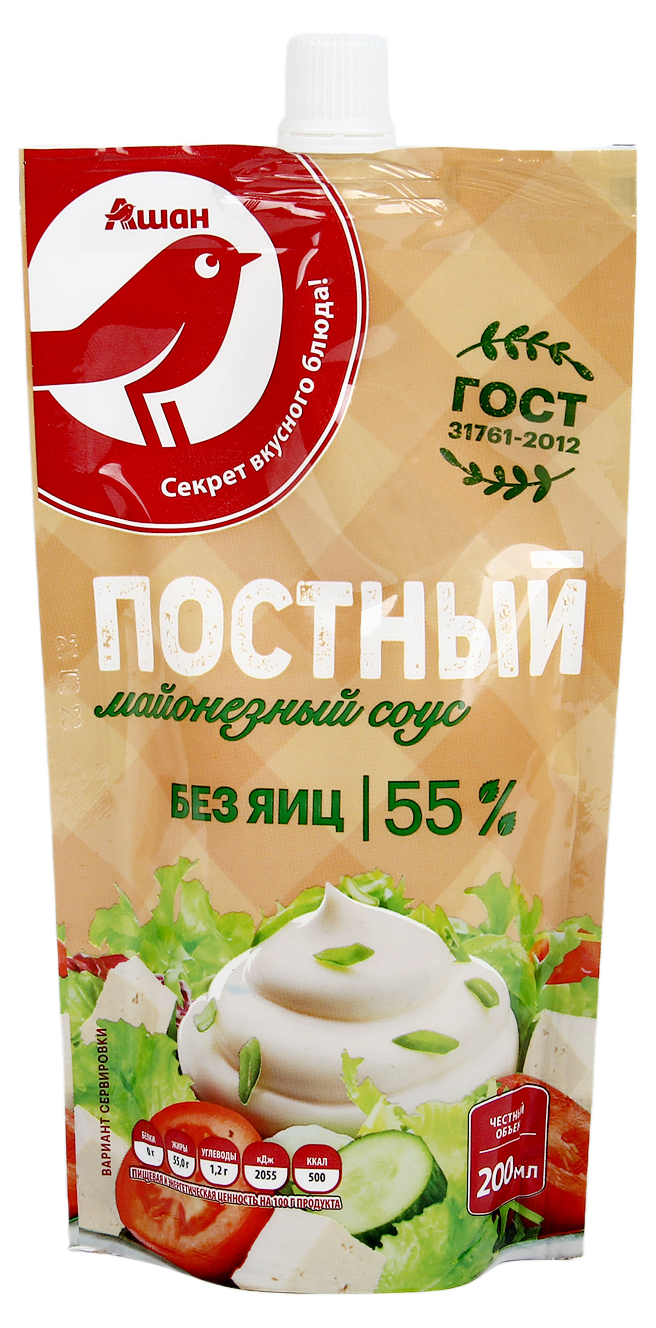 Изображение товара Майонез АШАН Красная птица постный без яиц 55%, 200 мл