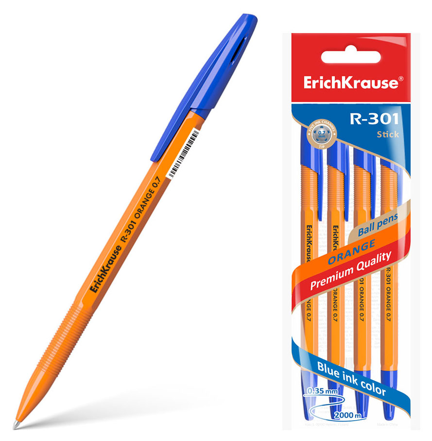 

Ручка шариковая ErichKrause R-301 Orange Stick 0.7, синяя, 4 шт