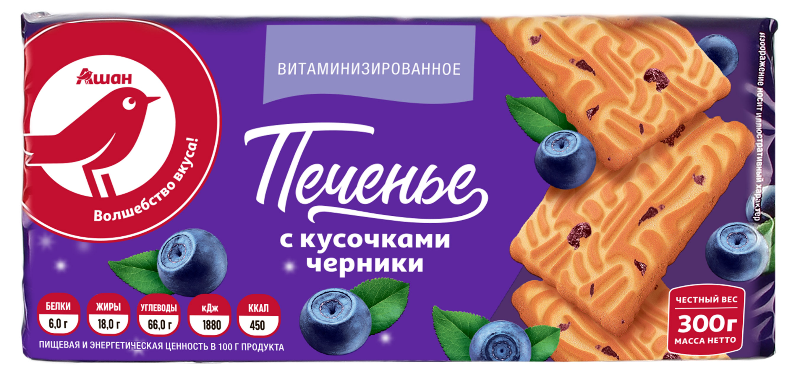 

Печенье сахарное АШАН Красная птица с черникой, 300 г