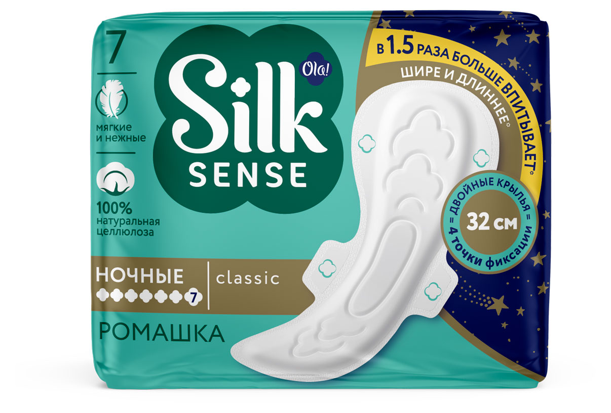 

Прокладки толстые Ola! Silk Sense Classic Wings Singles Night Ромашка, 7 шт