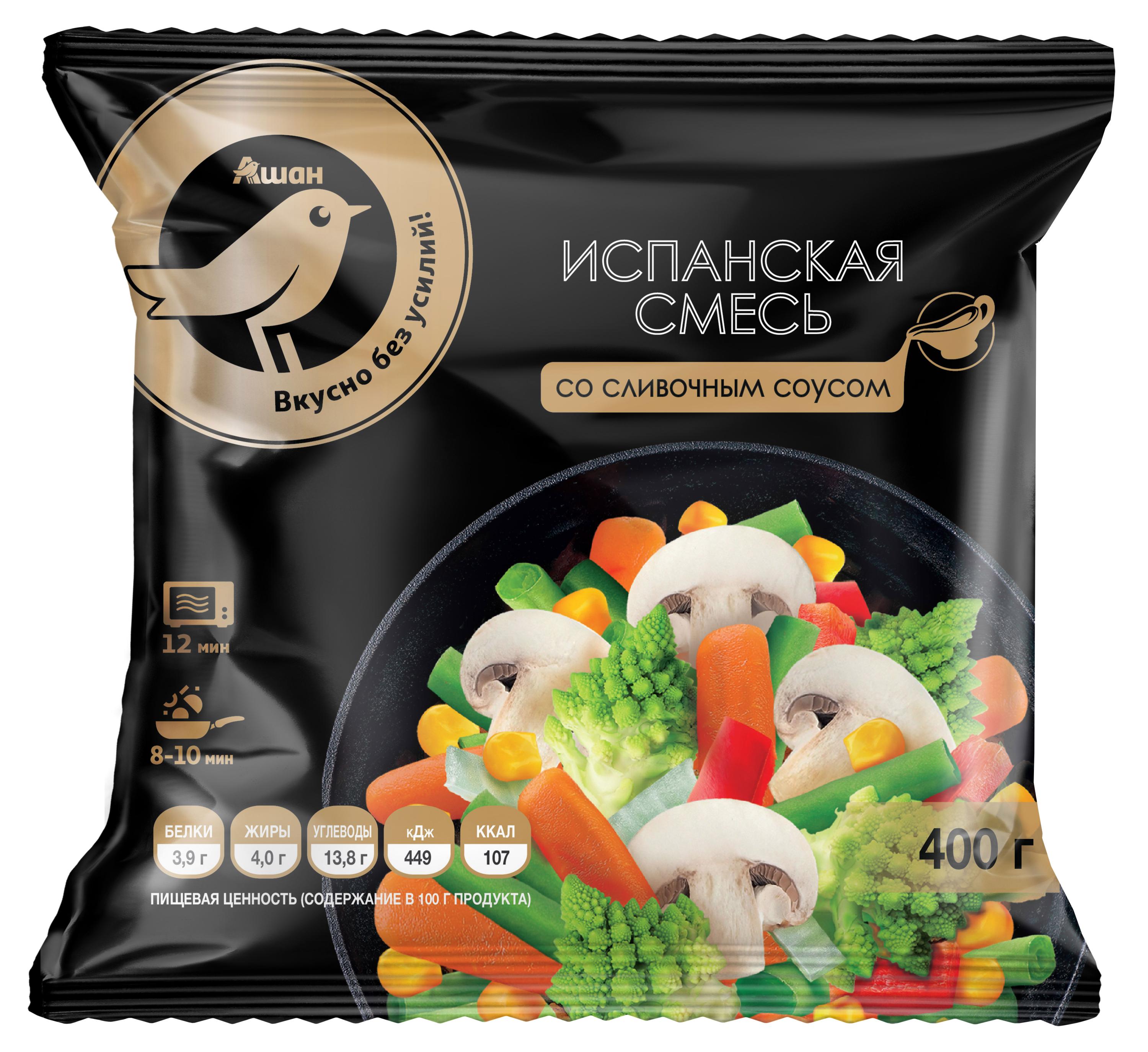 

Смесь овощная АШАН Золотая птица Испанская со сливочным соусом замороженная, 400 г
