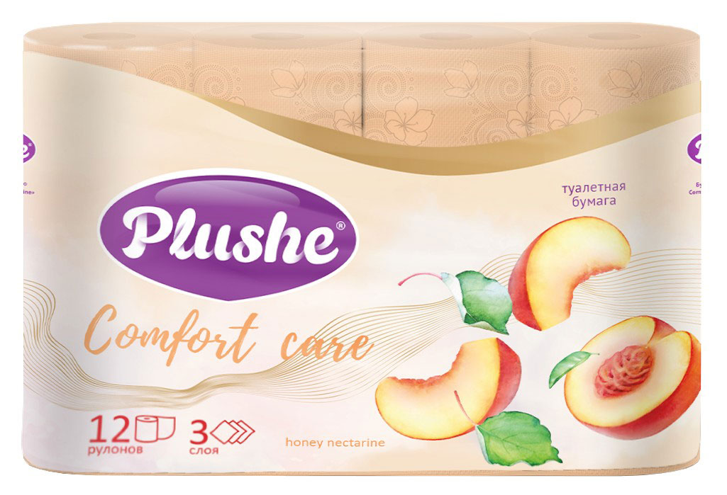 

Бумага туалетная Plushe Comfort care Honey Nectarine с ароматом персика 3 слоя, 12 рулонов