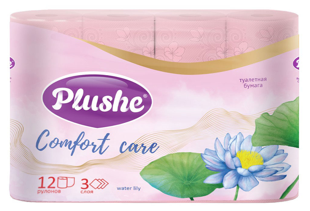 

Бумага туалетная Plushe Comfort care water lily розовая 3 слоя, 12 рулонов