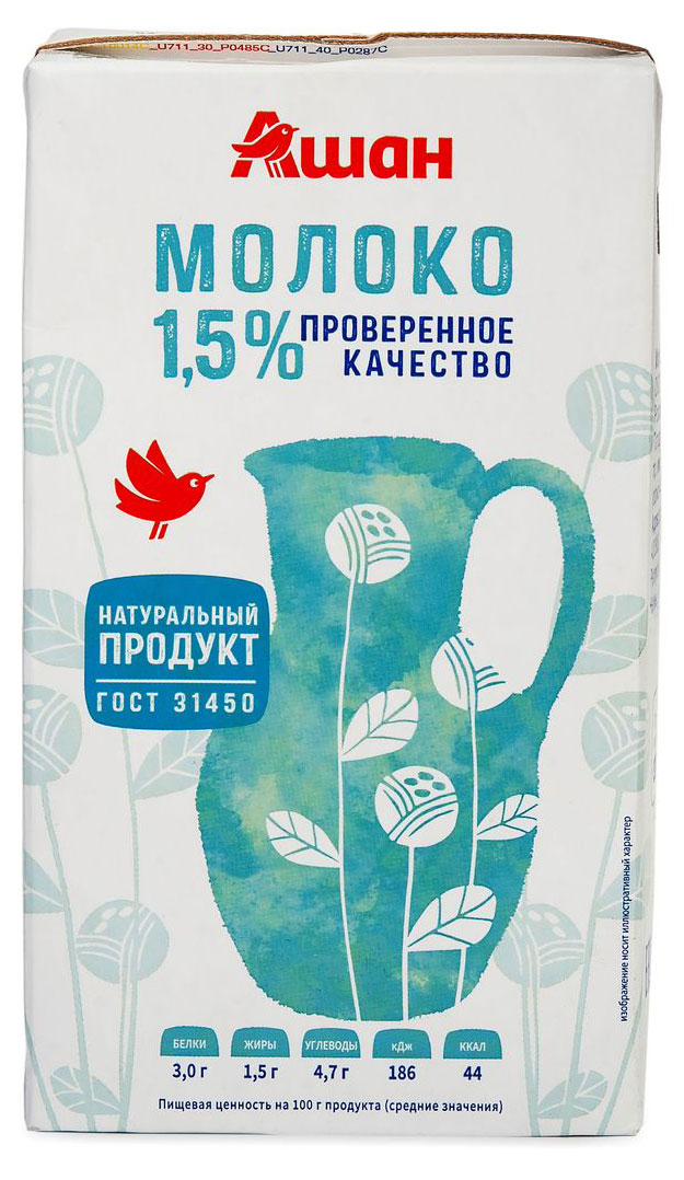 

Молоко АШАН Красная птица ультрапастеризованное 1.5% БЗМЖ, 970 мл