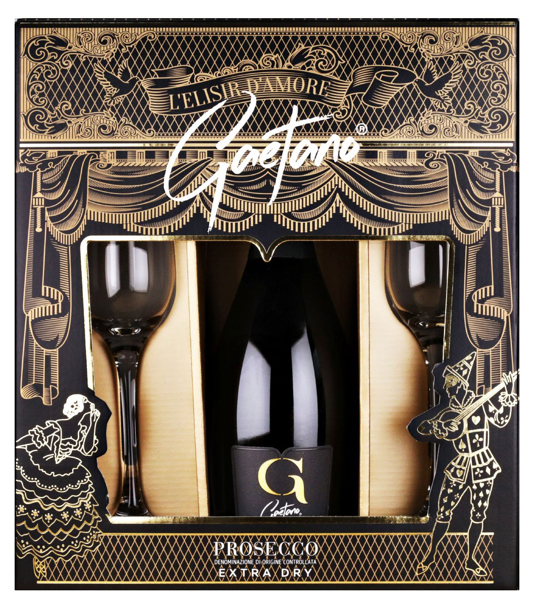 

Игристое вино Gaetano Prosecco Extra Dry белое сухое с двумя бокалами в подарочной упаковке Италия, 0,75 л