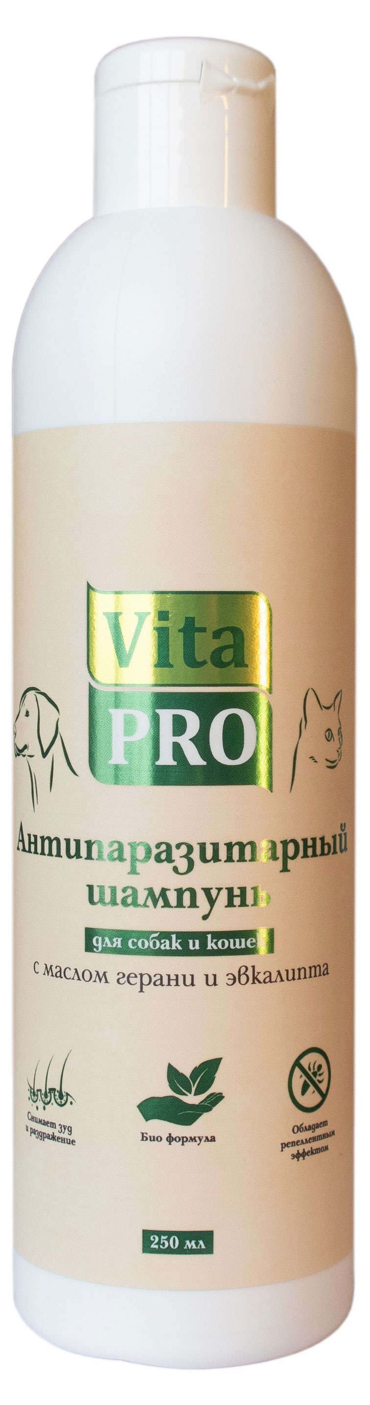 

Биошампунь для собак и кошек Vita Pro Антипаразитарный универсальный с маслом герани и эвкалипта, 250 мл