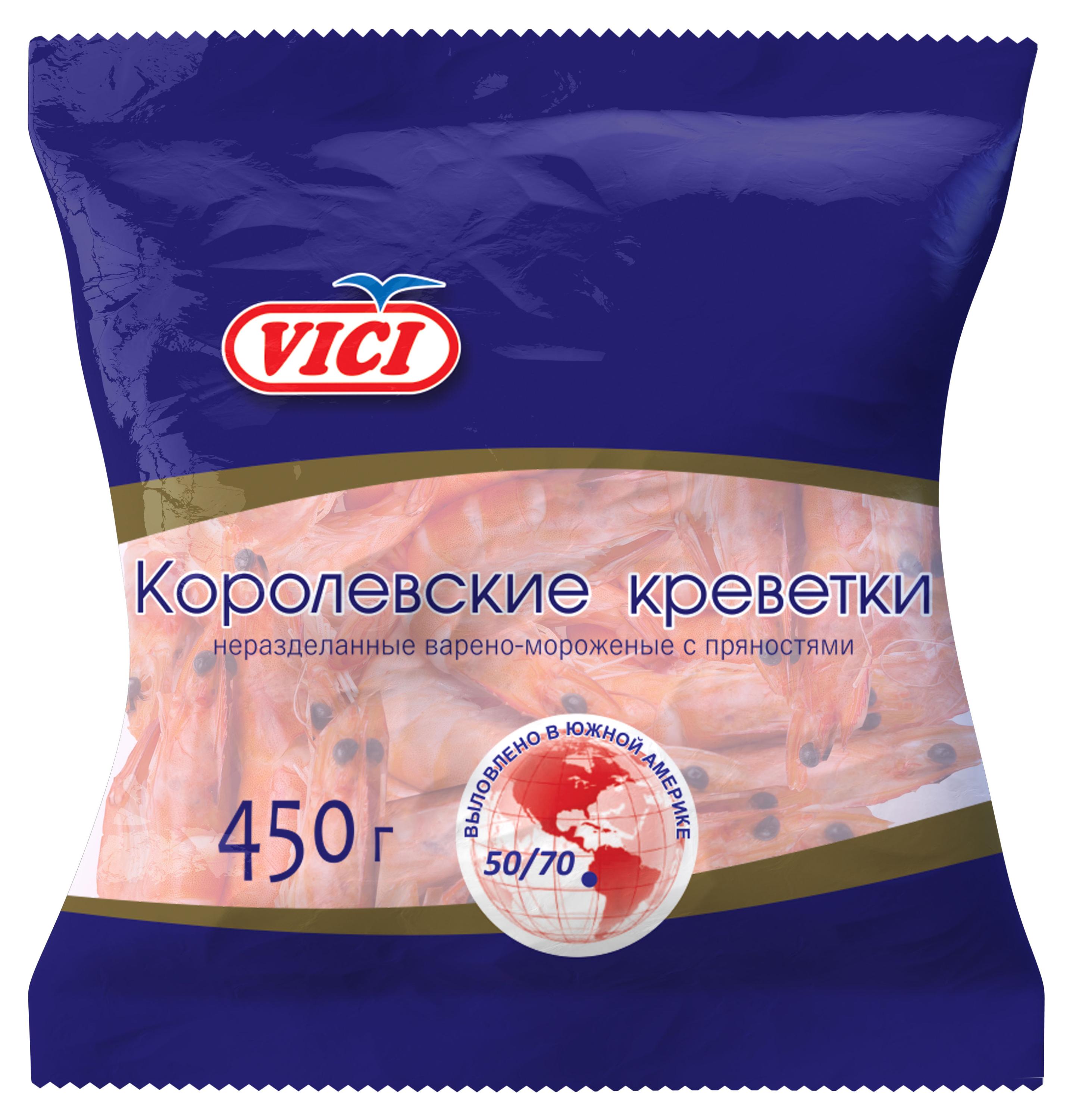 

Креветки VICI Королевские креветки в панцире с пряностями 50/70, 450 г