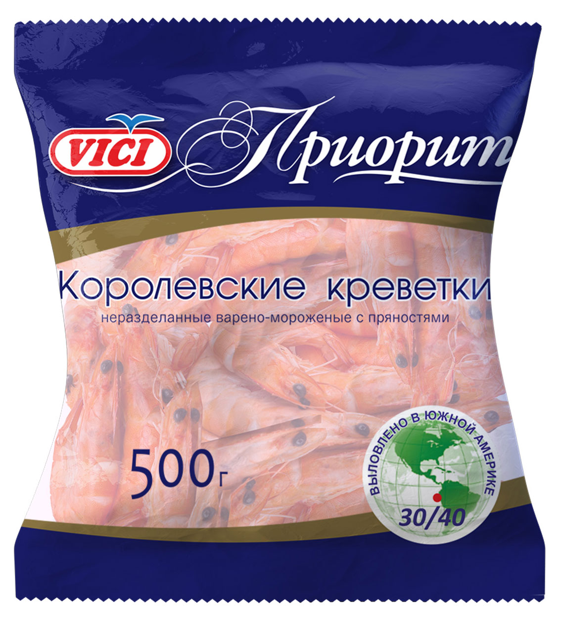 Изображение товара Креветки VICI Королевские варено-мороженые в панцире 30/40, 500 г