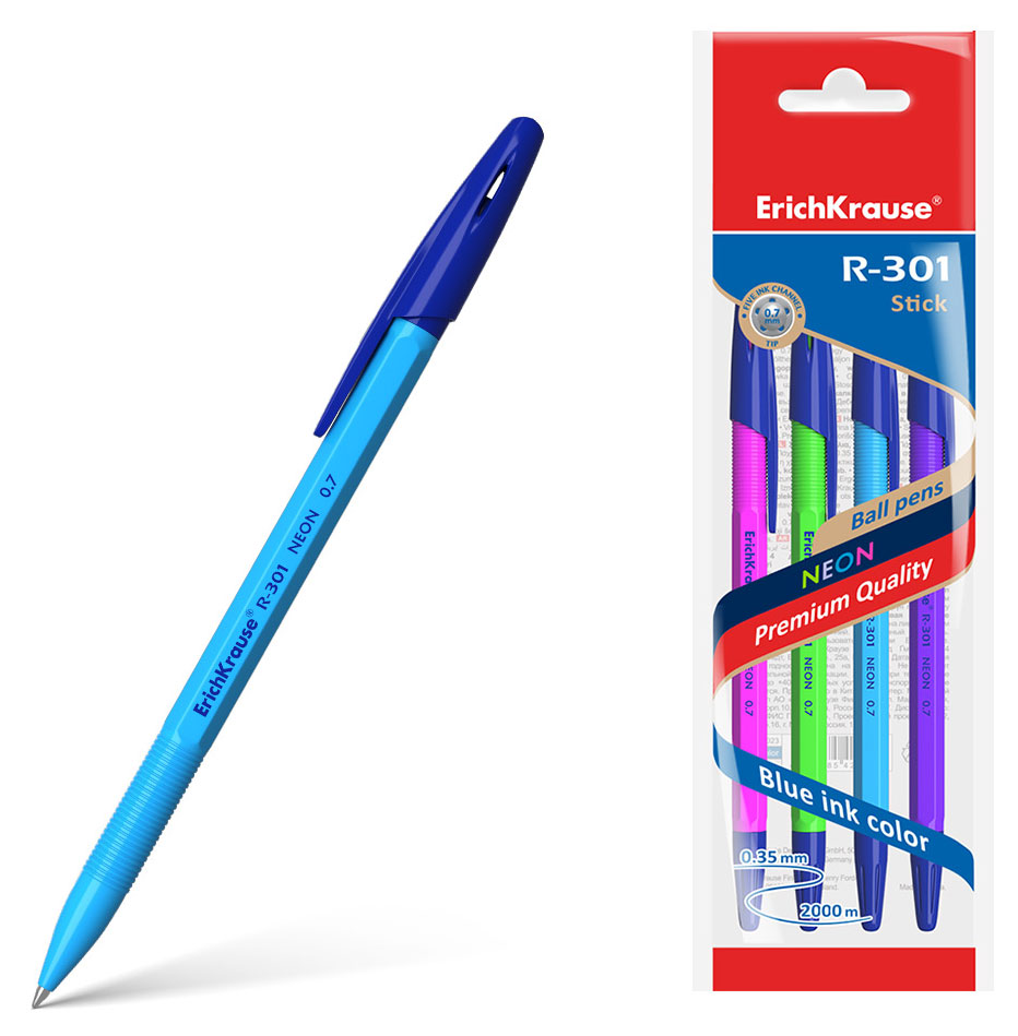 

Набор из ручек шариковых ErichKrause R-301 Neon Stick 0.7, синяя, 4 шт