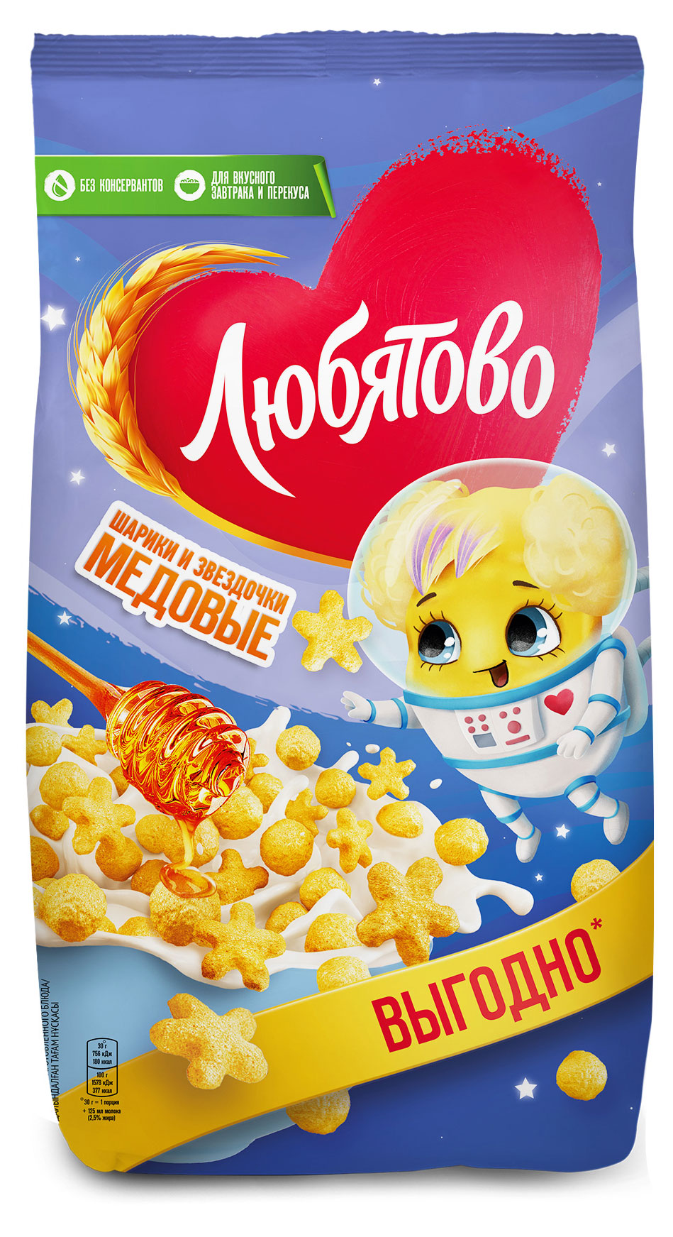 Любятово | Готовый завтрак «Любятово» шарики и звездочки медовые, 420 г