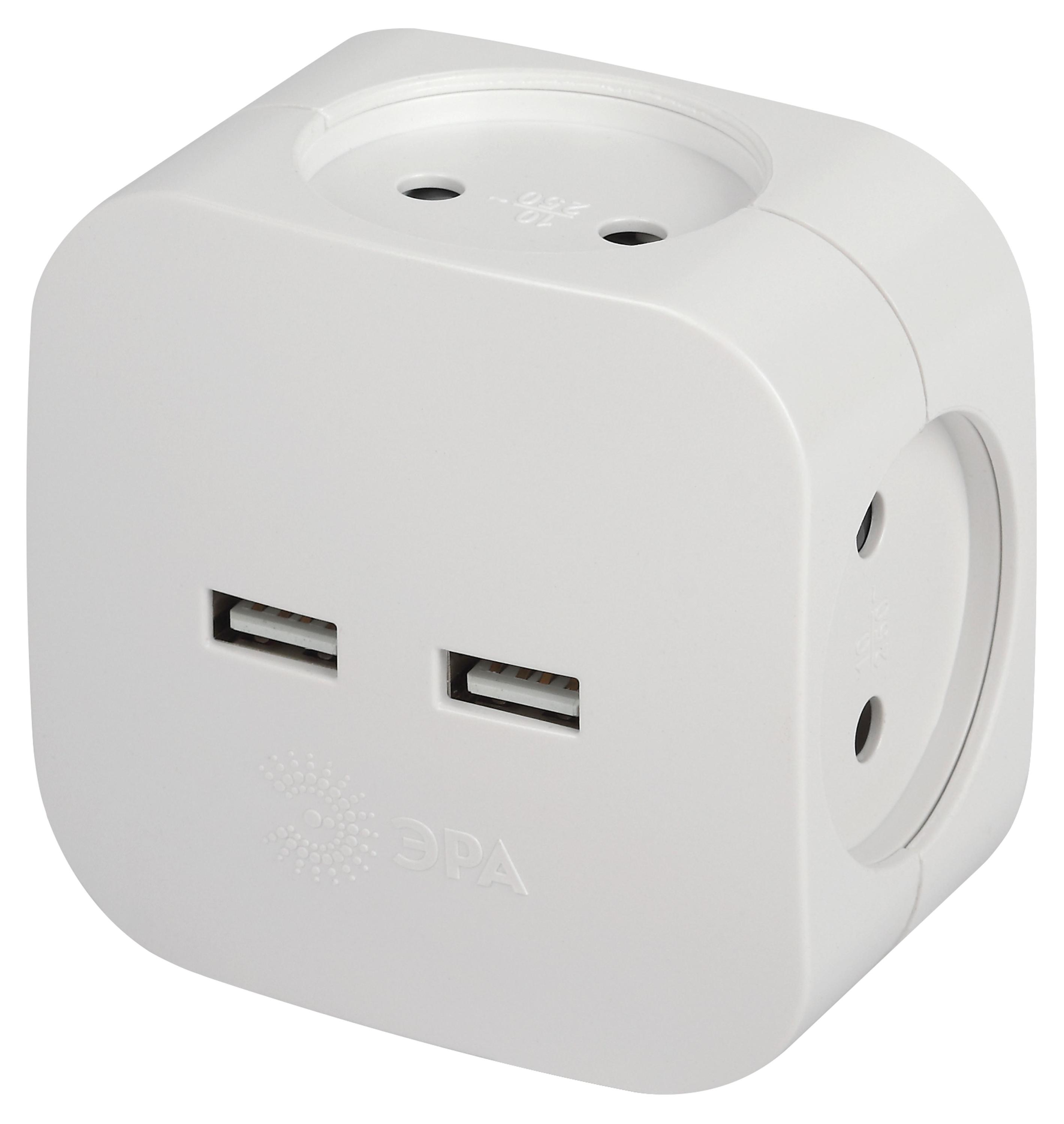 

Разветвитель электрический ЭРА SP-4-USB-W на 4 розетки 220V + 2xUSB 2400mA без заземления 10А белый