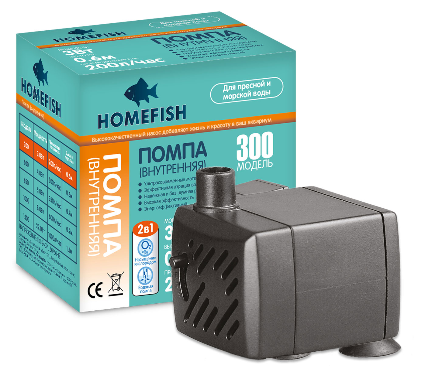 Изображение товара Внутренняя помпа для аквариума HOMEFISH 300, бесшумная, до 40 л