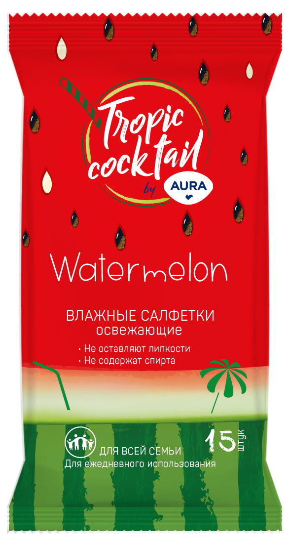 

Влажные салфетки Aura Tropic Cocktail освежающие, 15 шт