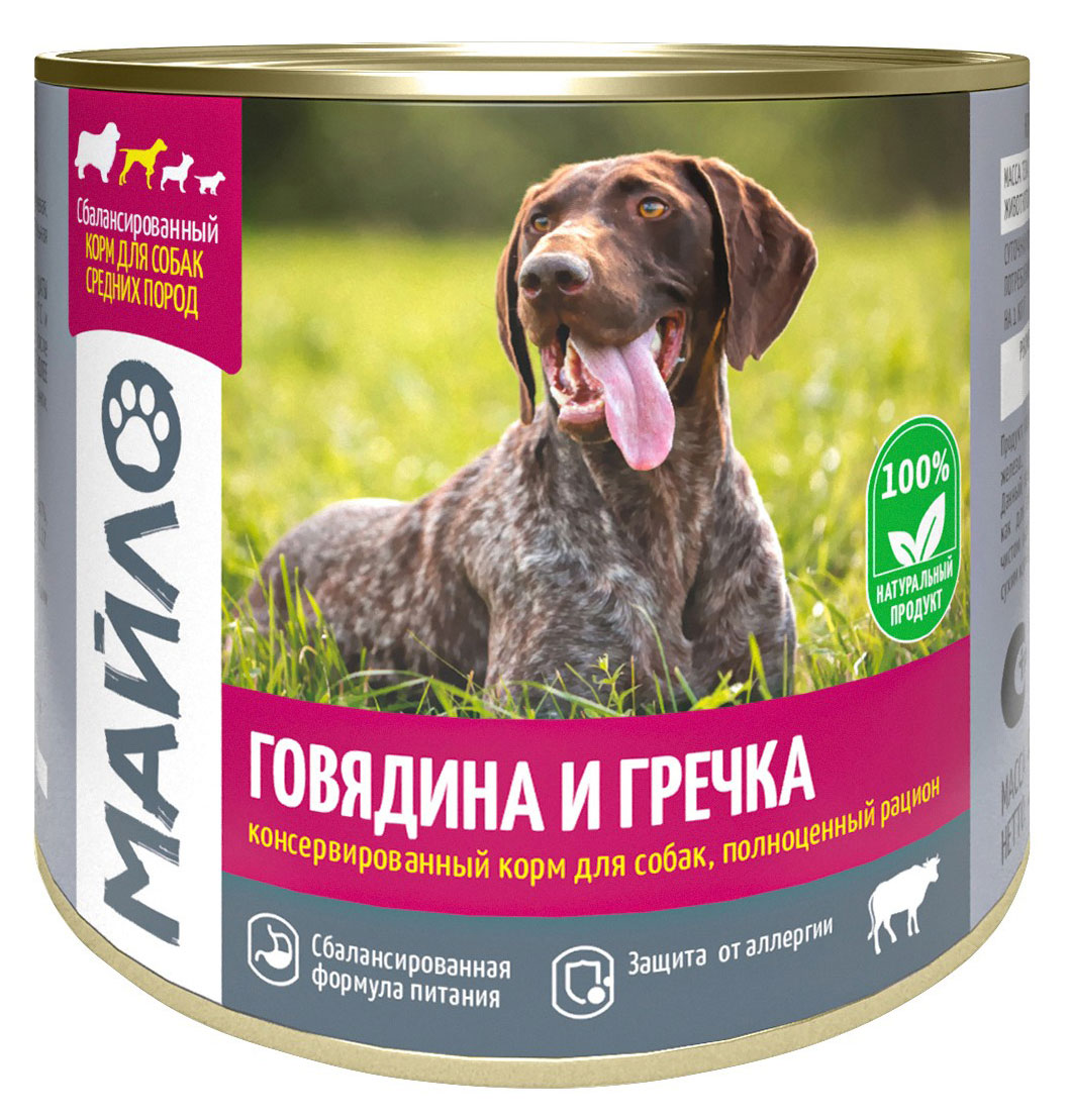 

Корм влажный для собак Майло Говядина и грейка, 525 г