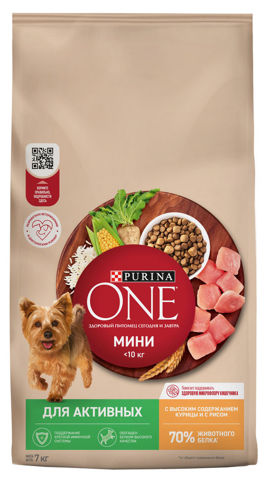 

Сухой корм для собак Purina ONE Мини с активным образом жизни с курицей и рисом, 7 кг