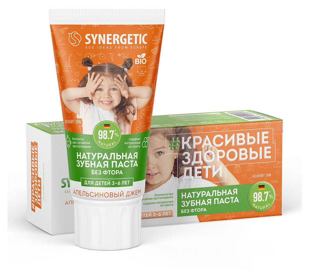 

Зубная паста детская Synergetic Апельсиновый джем без фтора от 3 до 6 лет, 50 г