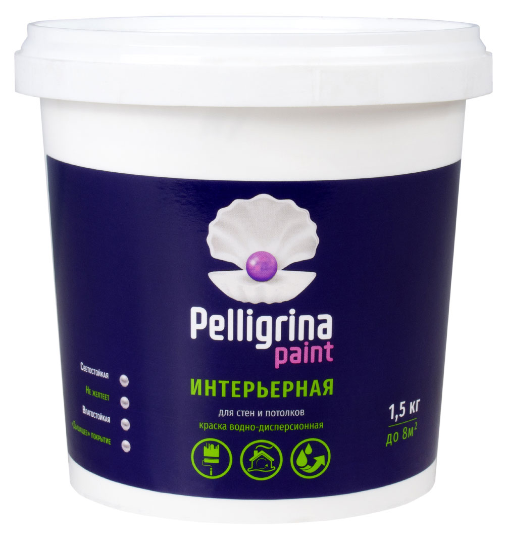 

Краска для стен и потолков Pelligrina Paint влагостойкая белая, 1,5 кг