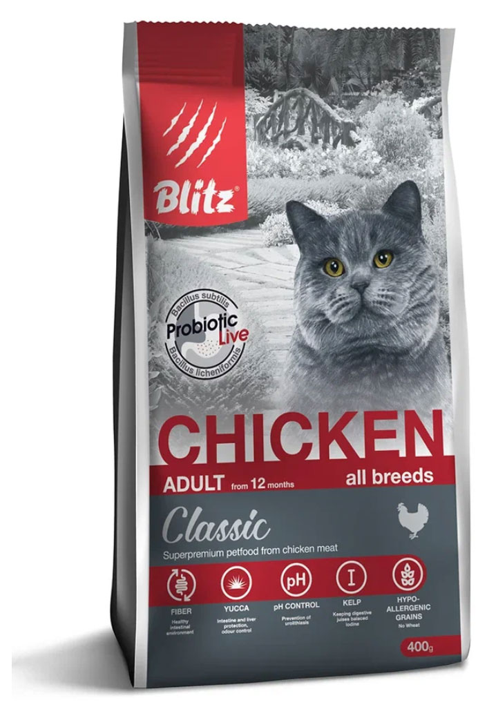 

Сухой корм для взрослых кошек Blitz с курицей, 400 г