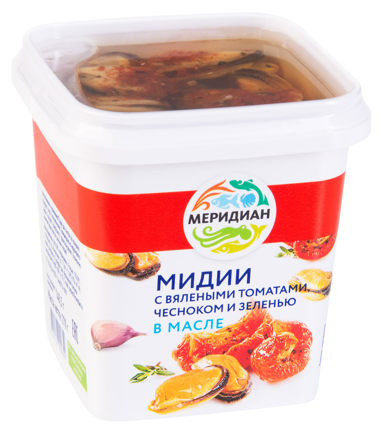 

Мидии Меридиан с вялеными томатами, чесноком и зеленью в масле, 270 г