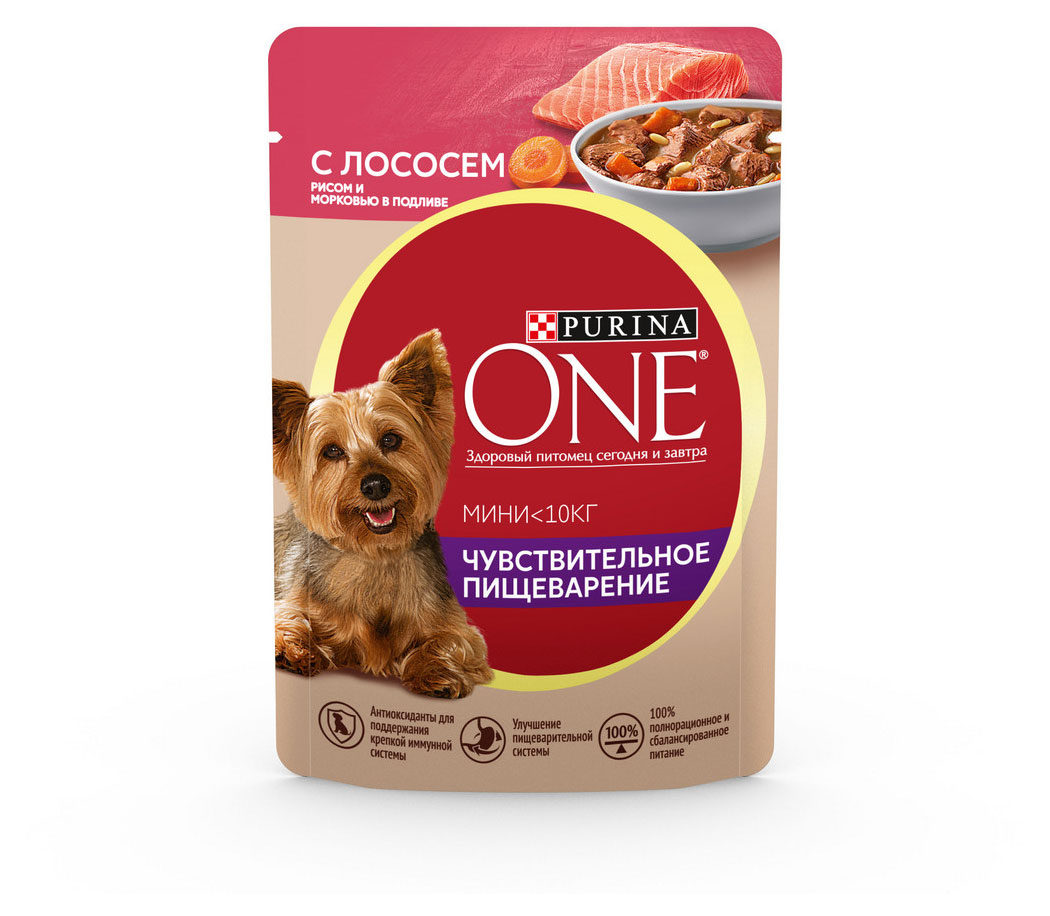 

Влажный корм для собак Purina ONE с лососем, рисом и морковью в подливе, 85 г