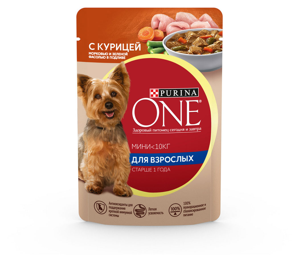 

Влажный корм для собак Purina ONE с курицей, морковью и зеленой фасолью в подливе, 85 г