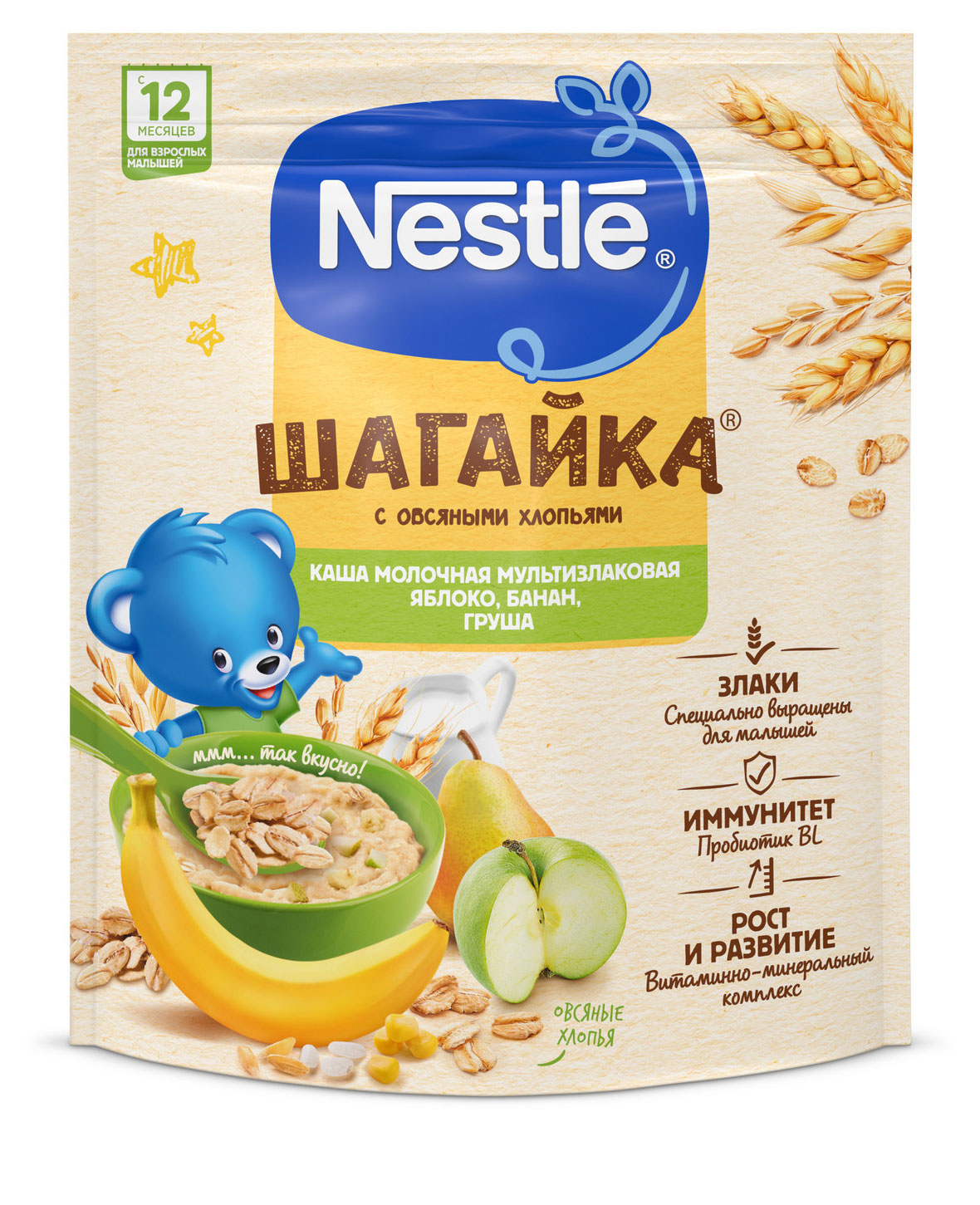 

Каша молочная Nestle Шагайка 5 злаков мультизлаковая с овсяными хлопьями яблоко банан груша с 12 мес., 190 г