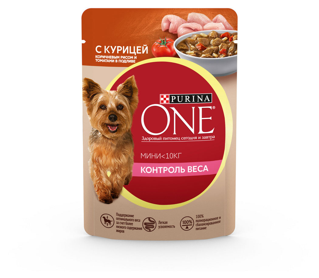 Изображение товара Влажный корм для собак Purina ONE с курицей, коричневым рисом и томатами в подливе, 85 г