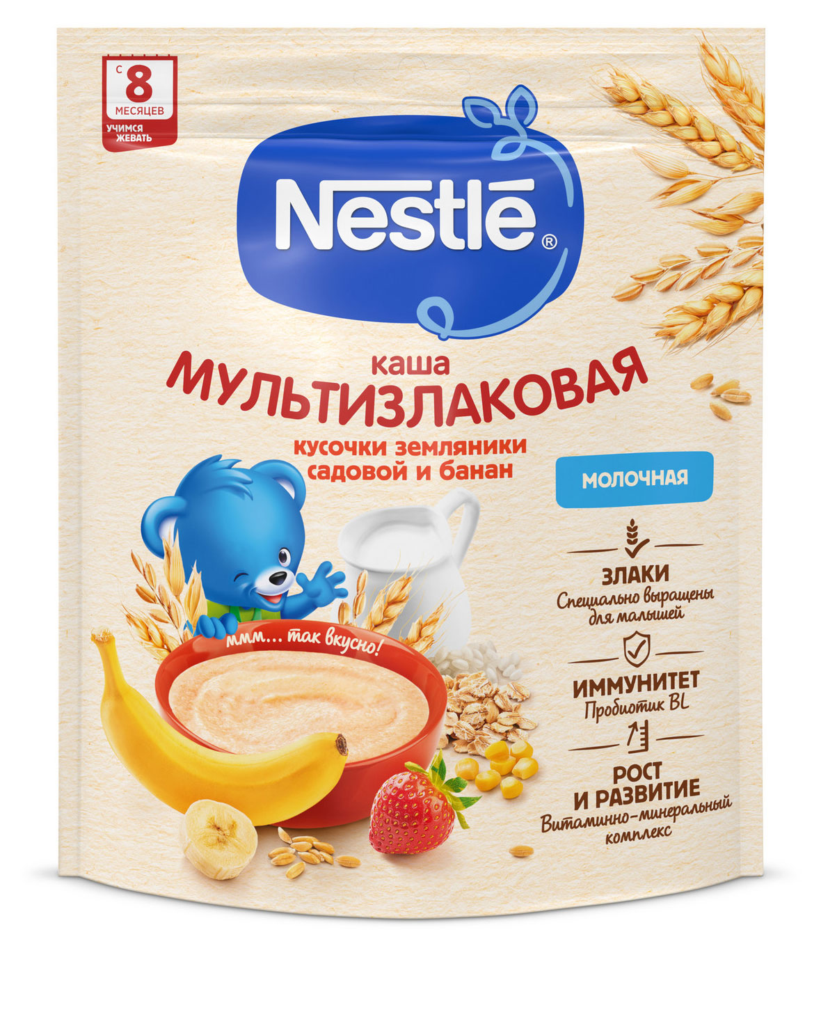 

Каша молочная Nestlе мультизлаковая с бананом и кусочками земляники с 8 мес., 200 г