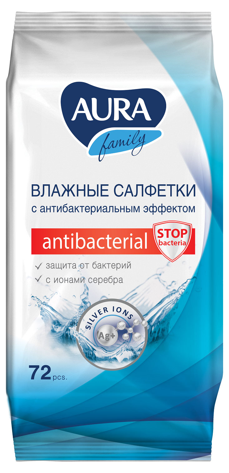 

Влажные салфетки Aura с антибактериальным эффектом Family, 72 шт