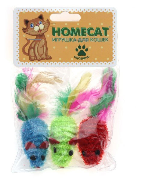 

Игрушка для кошек HOMECAT Мышки разноцветные с пером гремящие 6 см, 3 шт