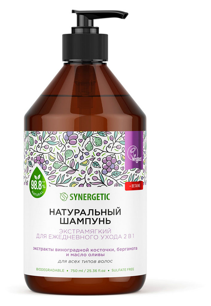 

Шампунь для волос Synergetic Экстрамягкий для ежедневного ухода 2 в 1 бессульфатный, 750 мл
